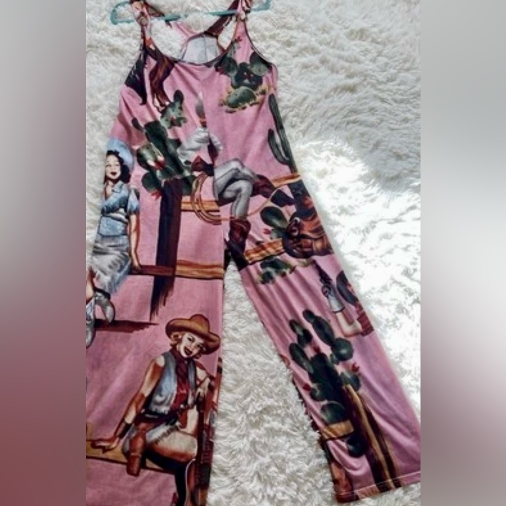Western Cowgirl Cactus Print Racerback Jumpsuit Whimsical Y2K Festival XS Romper - Picture 4 of 9